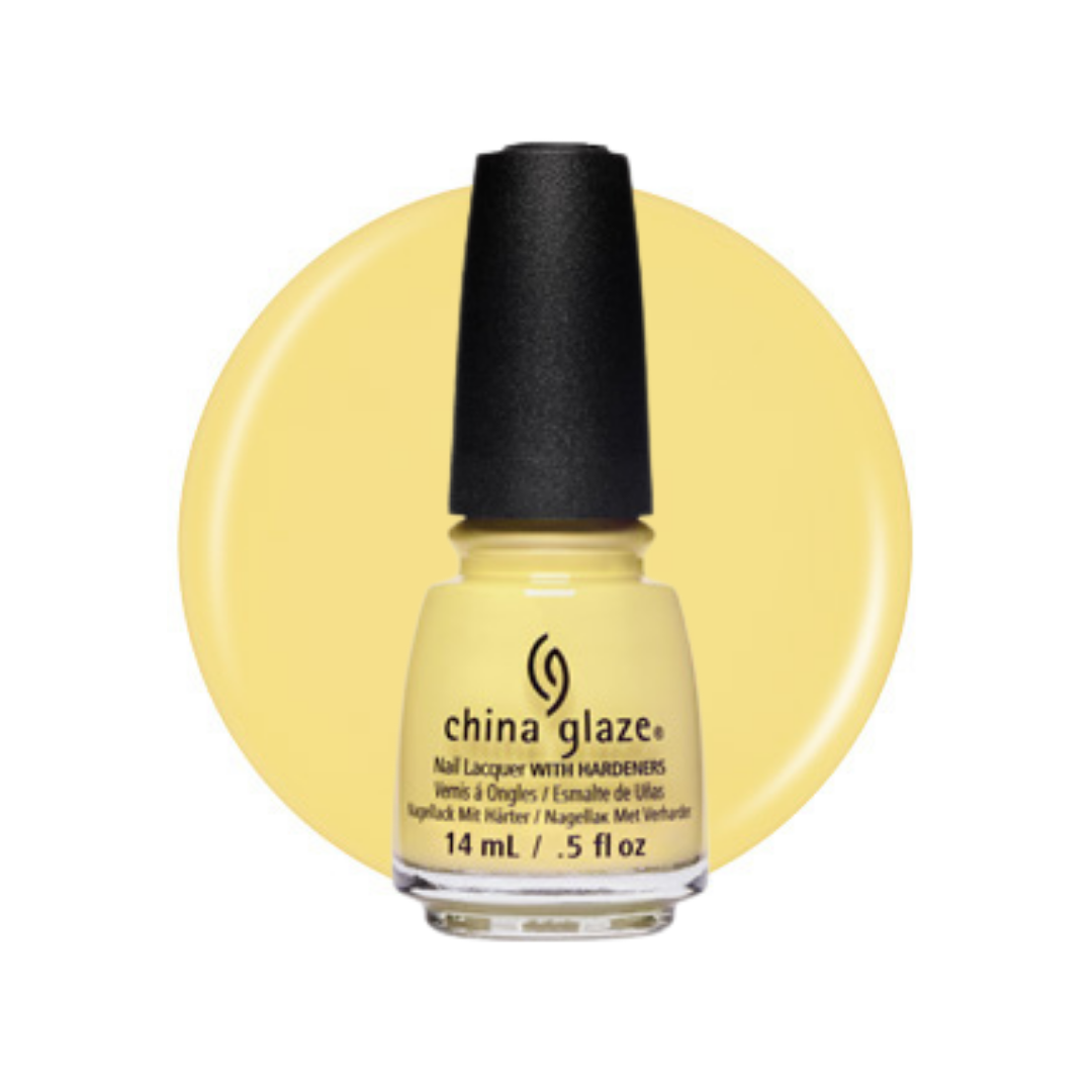A bottle of China Glaze nail lacquer with hardeners in a pale butter yellow shade, shown against a matching yellow circular swatch on a white background.