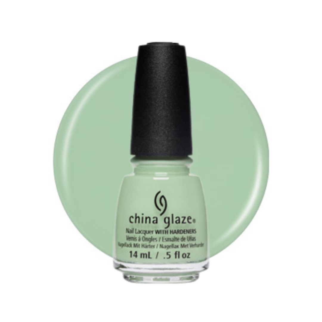 A bottle of China Glaze nail lacquer in a pale mint green shade, shown against a matching circular color swatch on a white background.
