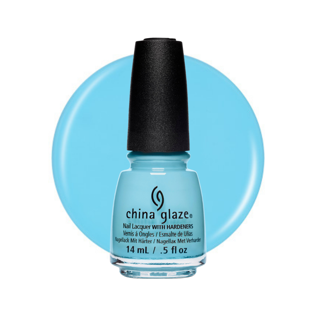 A bottle of China Glaze nail polish in a light sky blue shade, shown with a matching light blue color swatch circle behind it on a white background.