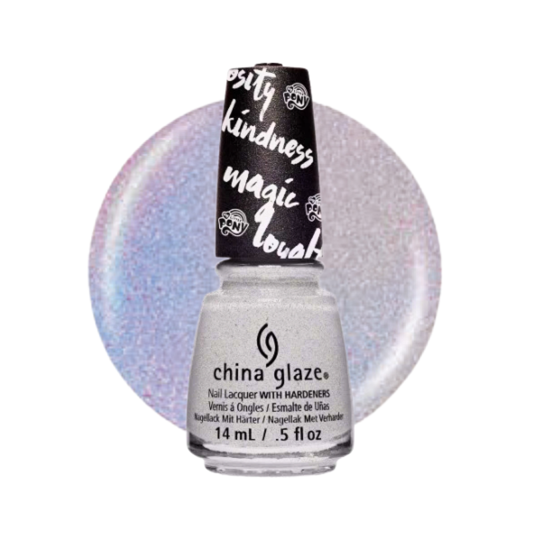 A bottle of China Glaze nail lacquer with hardeners in a sparkly silver shade, shown in front of a circular iridescent swatch of the same color on a white background.