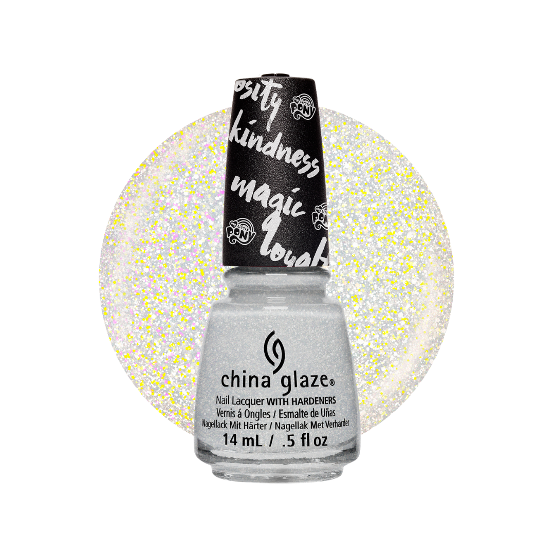 A bottle of China Glaze nail polish in a white base with gold particles, shown against a white background with a white base and gold particles circular color swatch behind it.