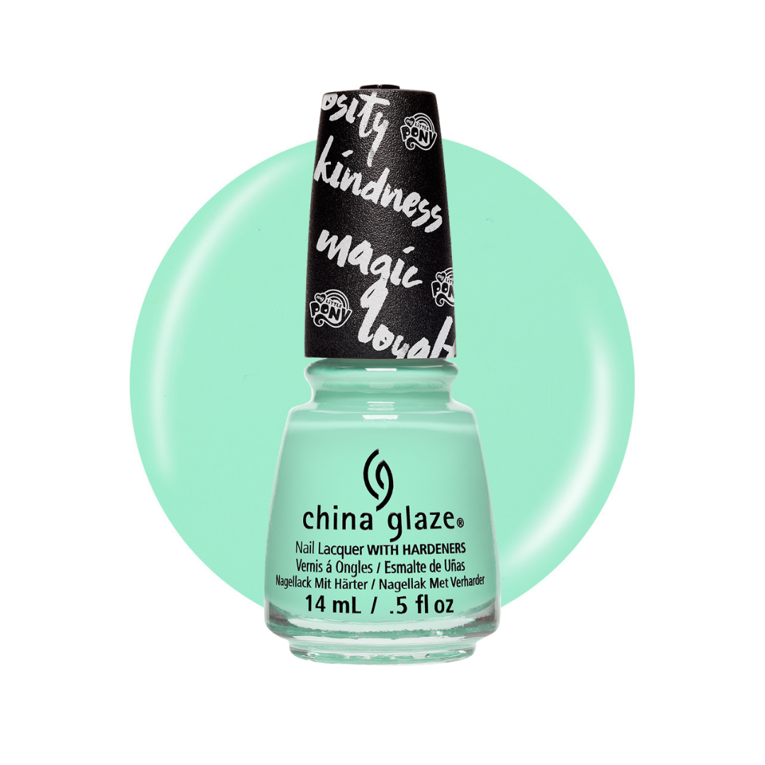 A bottle of China Glaze nail polish in a mint green shade, set against a matching mint green circular background. The bottle has a black cap with white hand-written style text.