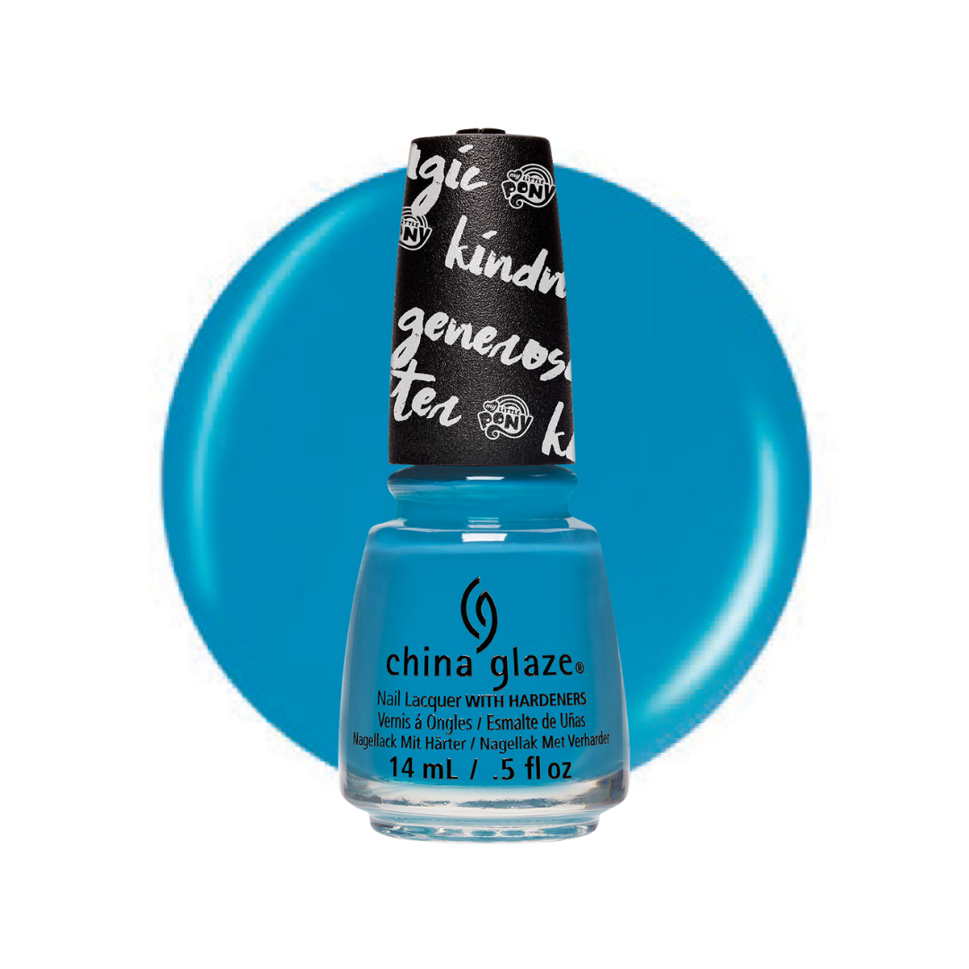 A bottle of China Glaze nail polish in a bright turquoise blue shade, shown against a matching blue circular background on a white studio backdrop. The bottle has a black cap with white handwritten-style text.