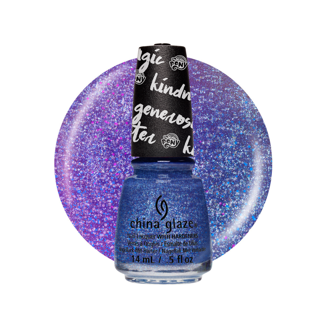 A bottle of China Glaze nail polish in a holographic blue shade, shown in front of a large circular glitter swatch displaying the purple-blue iridescent finish. The bottle has a black cap with white handwritten text.