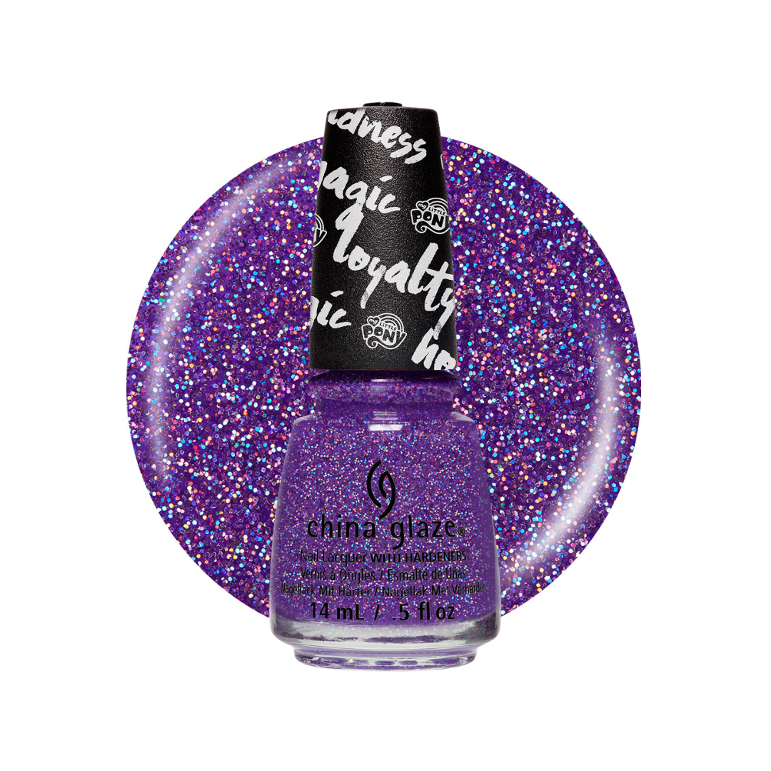 A bottle of China Glaze glitter nail polish in a vibrant purple shade, displayed in front of a circular glitter swatch of the same shade on a white background.