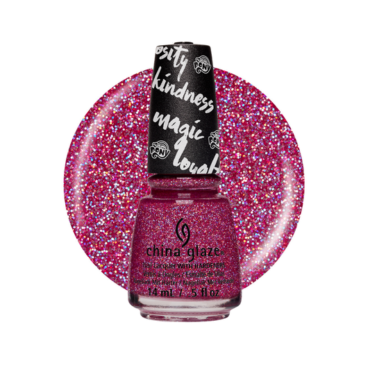 A bottle of China Glaze nail polish in a bright pink glitter shade, shown in front of a circular glitter swatch of the same shade on a white background.
