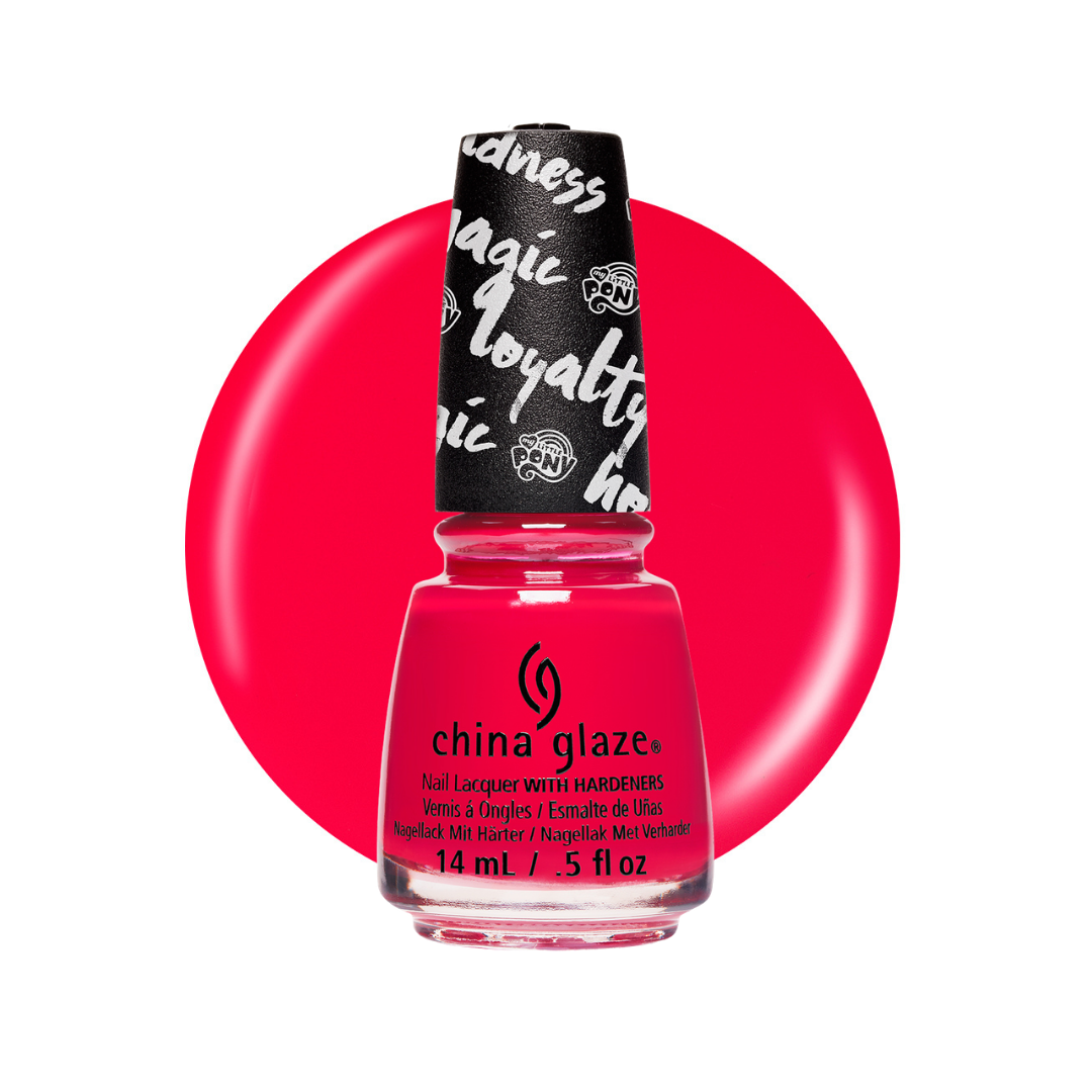A bottle of China Glaze nail   hardeners, featuring a bright pink-red polish, a black cap with white text, and a large matching pink-red circular color swatch behind it on a white background.