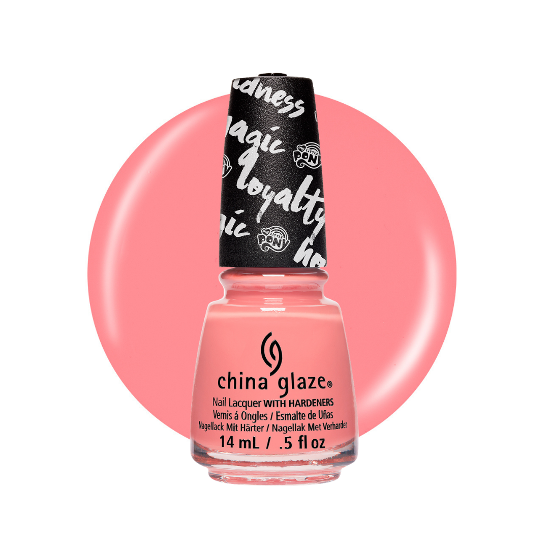China Glaze nail polish in a coral pink shade, shown in a clear glass bottle with a black cap, set against a matching coral pink circular swatch on a white background.