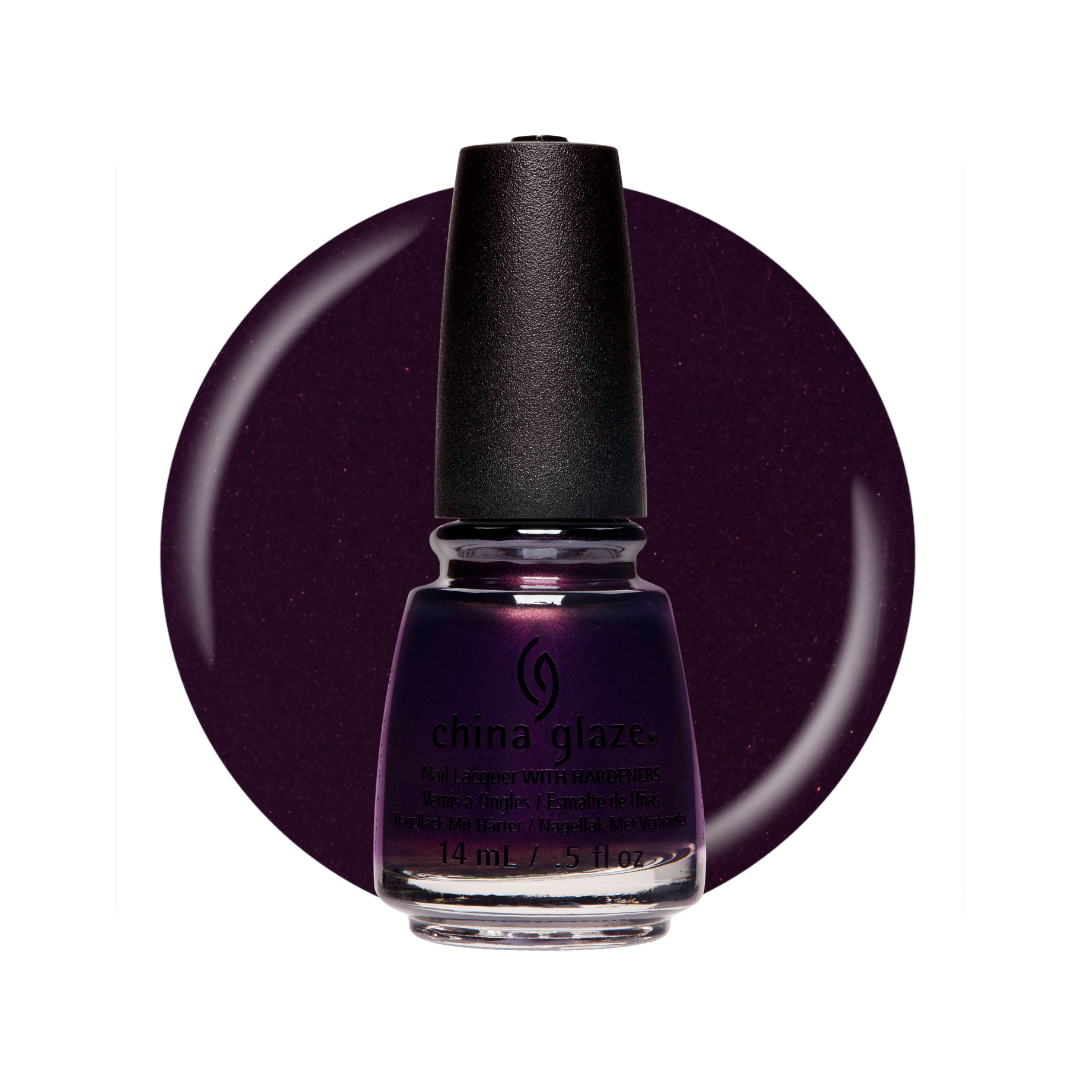 A bottle of China Glaze nail polish in a deep, dark plum purple shade, set against a matching circular color swatch on a white background.