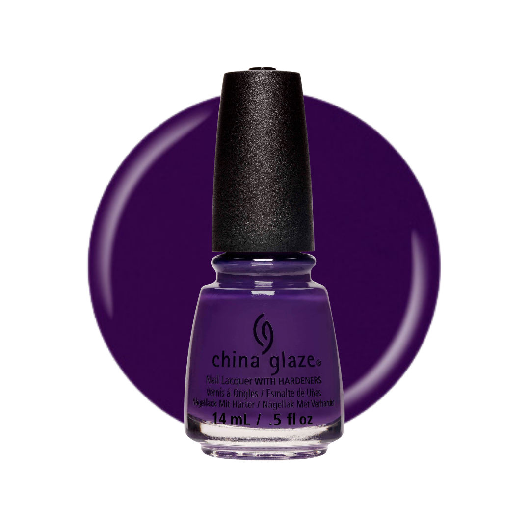 A bottle of China Glaze nail polish in a deep purple shade, shown in front of a matching purple circular color swatch on a white background.