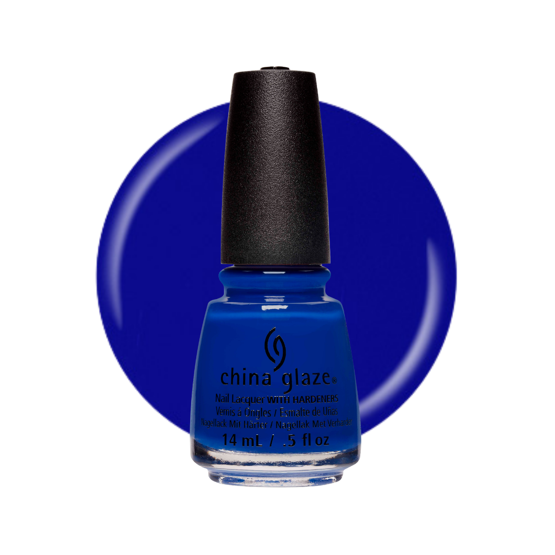 A bottle of China Glaze nail polish in a vivid royal blue shade, shown in front of a matching blue circular color swatch on a white background.