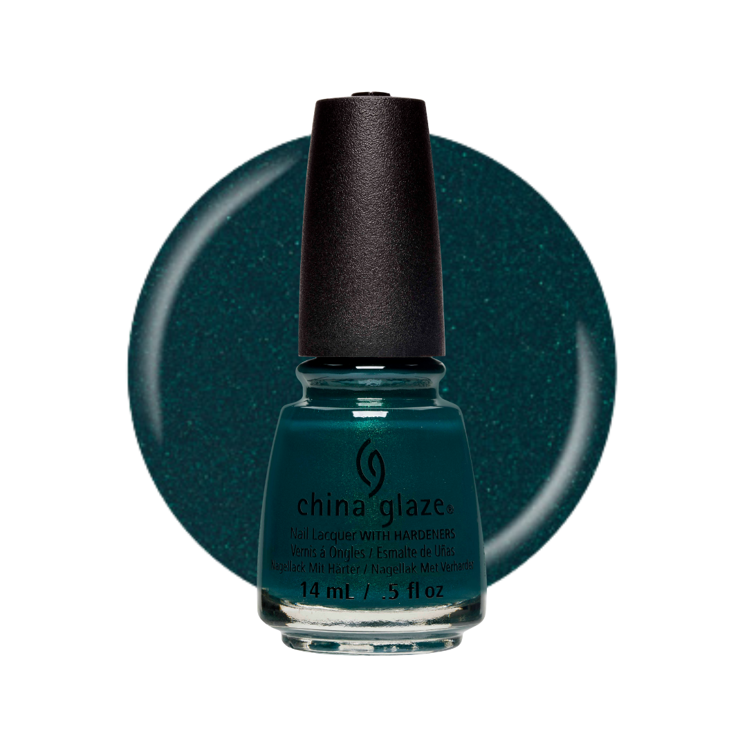 A bottle of China Glaze nail polish in a deep teal blue-green shade with fine shimmer, set against a matching circular color swatch on a white background.