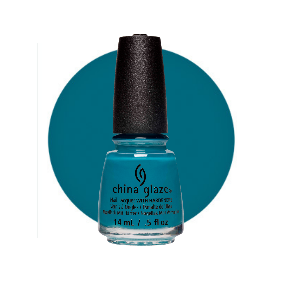 A bottle of China Glaze nail polish in a vibrant teal blue shade, set against a matching teal circular color swatch on a white background.