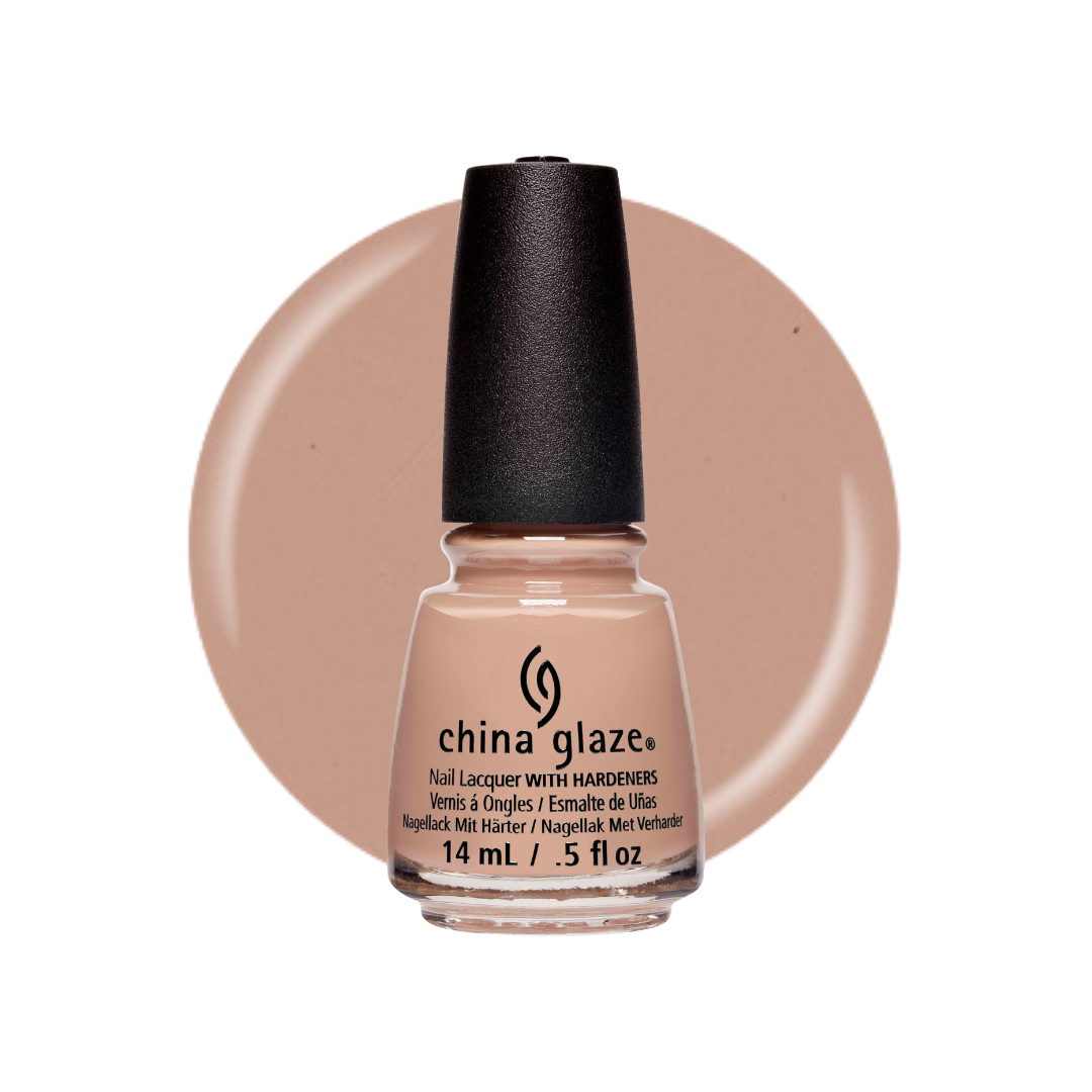 A bottle of China Glaze nail polish with hardeners in a warm nude beige shade, set against a matching circular color swatch on a white background.