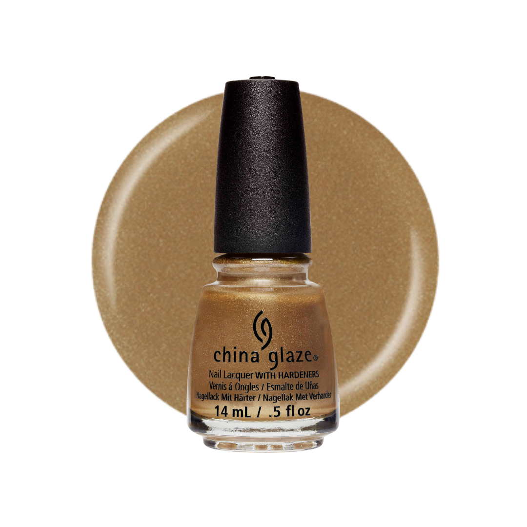 A bottle of China Glaze nail polish in a metallic gold shade, shown in front of a matching circular color swatch on a white background.