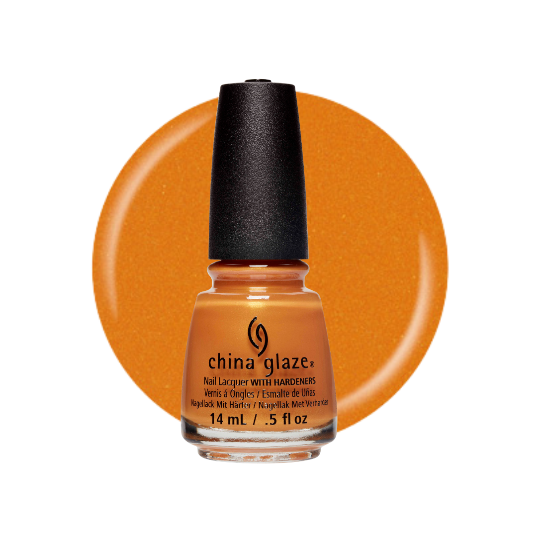A bottle of China Glaze nail polish with a black cap, set against a large circular orange swatch of the polish color on a white background.