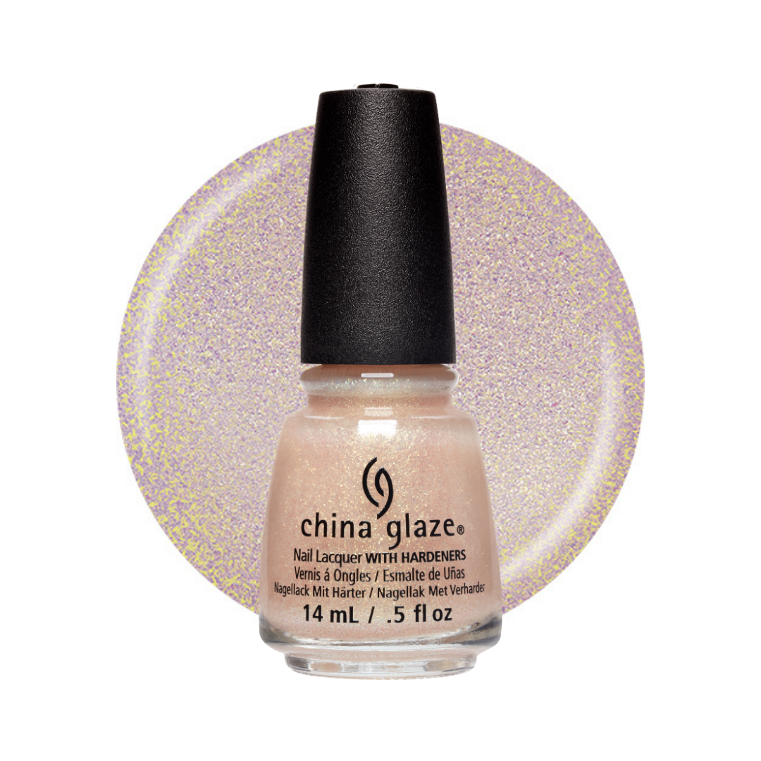A bottle of China Glaze nail polish with a black cap, shown in front of a circular glitter swatch of the nude-pink polish color on a white background.
