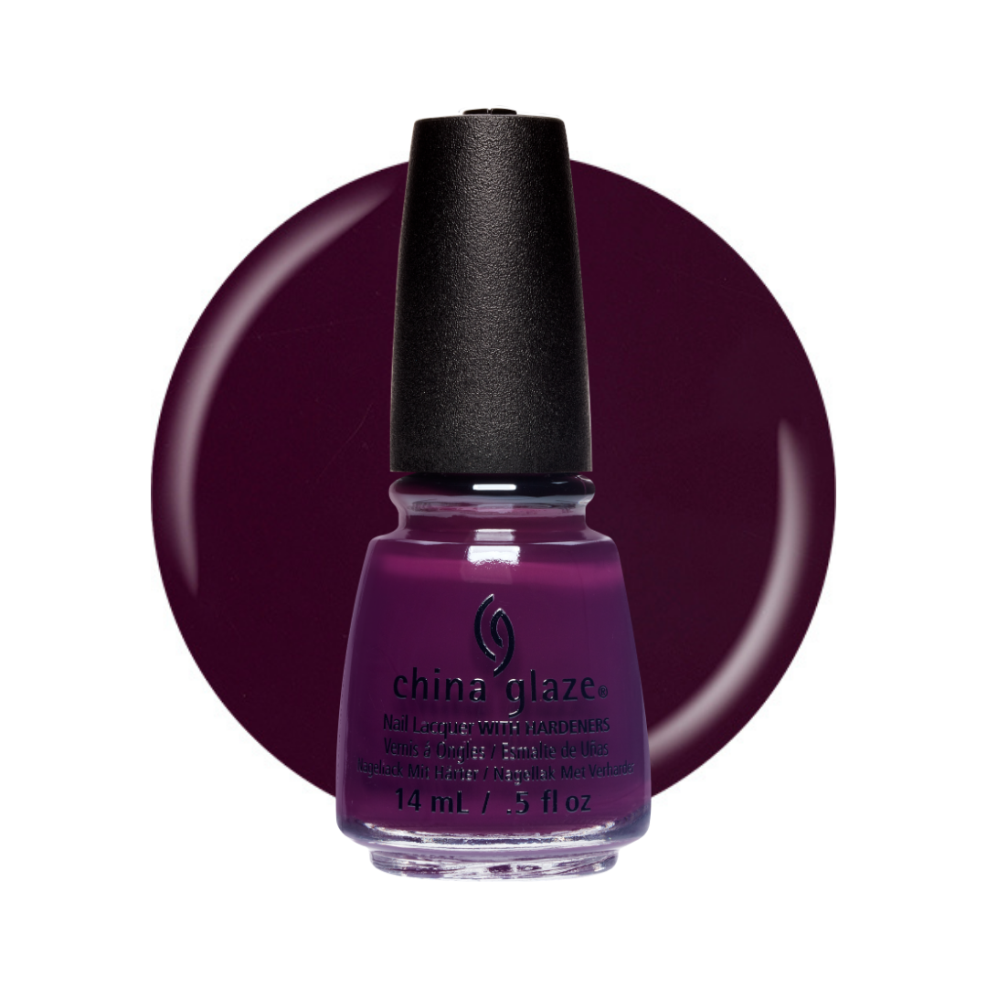 A bottle of China Glaze nail polish in a deep plum purple shade, shown in front of a matching circular color swatch on a white background.
