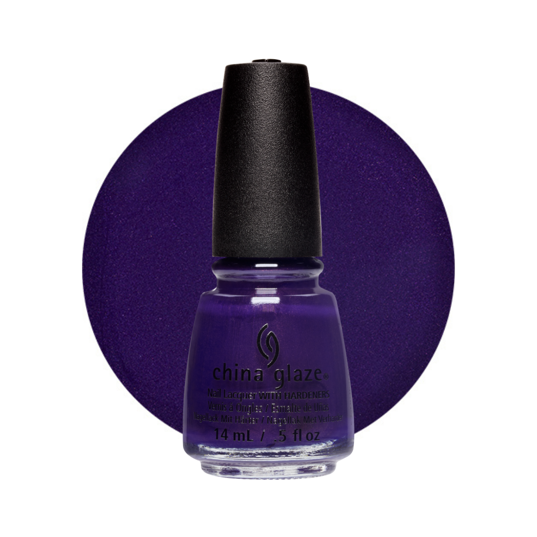 A bottle of China Glaze nail polish in a deep purple shade, set against a matching purple circular swatch on a white background.