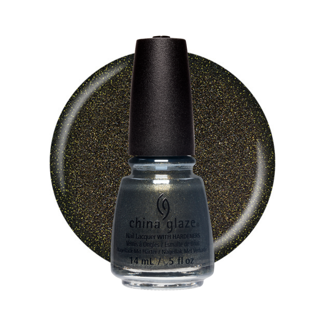A bottle of China Glaze nail polish with a black cap, shown in front of a circular color swatch of the glittery dark olive-gray polish on a white background.