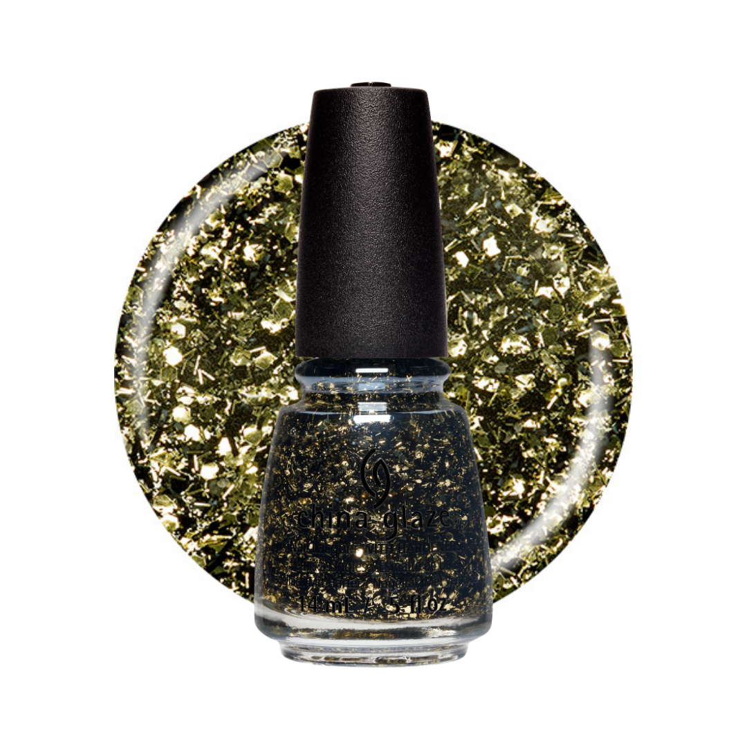 A China Glaze bottle of nail polish with black glitter polish and a black cap, centered in front of a circular gold glitter swatch on a white background.