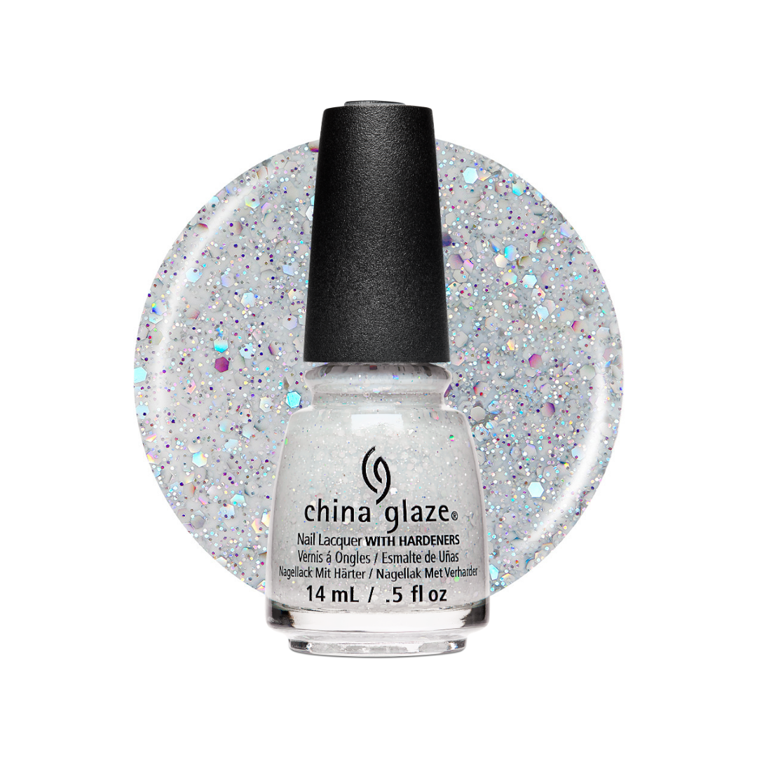 A bottle of China Glaze nail lacquer with hardeners, featuring a black cap and a clear glass bottle showing a light silver-white polish filled with fine iridescent glitter. A circular color swatch of the same glittery polish is displayed behind the bottle on a white background.