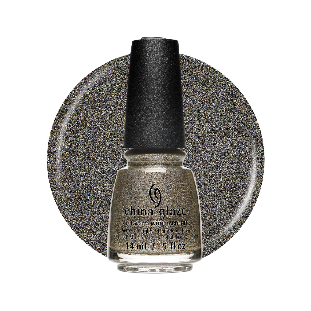 A bottle of China Glaze nail polish in a shimmering taupe-gray shade, set against a matching circular color swatch on a white background.