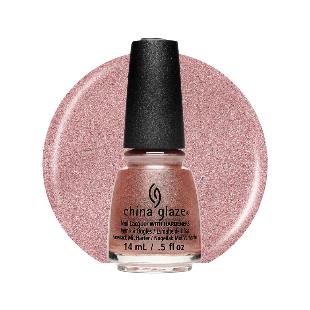 A bottle of China Glaze nail polish in a shimmering dusty rose pink shade, shown in front of a matching circular swatch on a white background.
