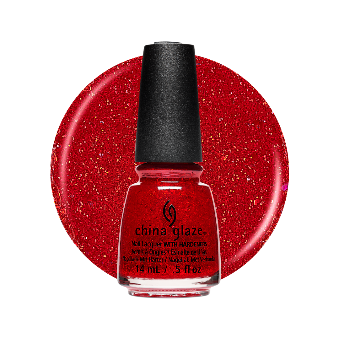 A bottle of China Glaze nail polish with a black cap, shown in front of a large glittery red circular swatch on a white background.