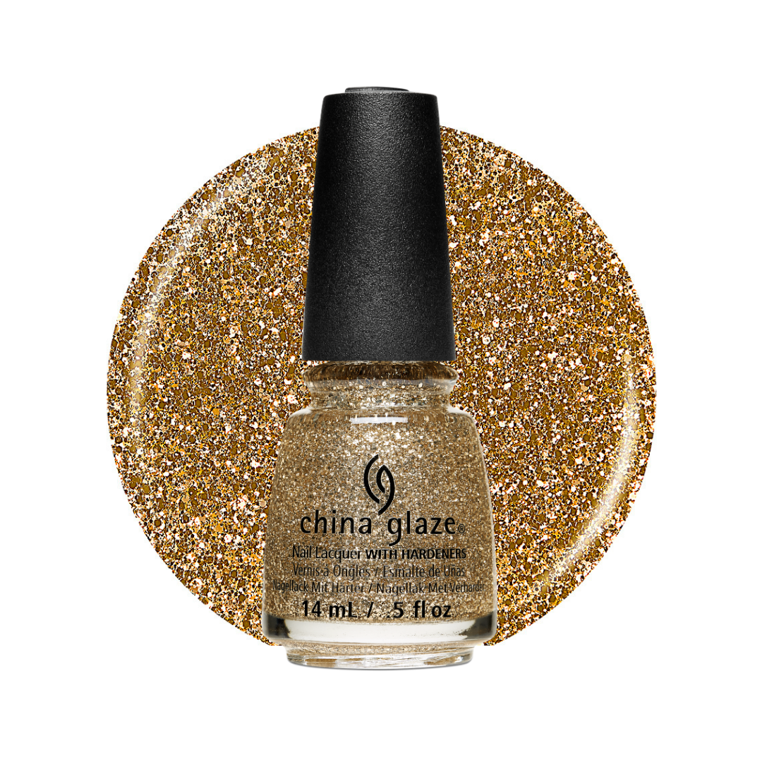 A bottle of China Glaze nail polish in a sparkling gold shade, set against a large circular glitter swatch of the same gold color on a white background.