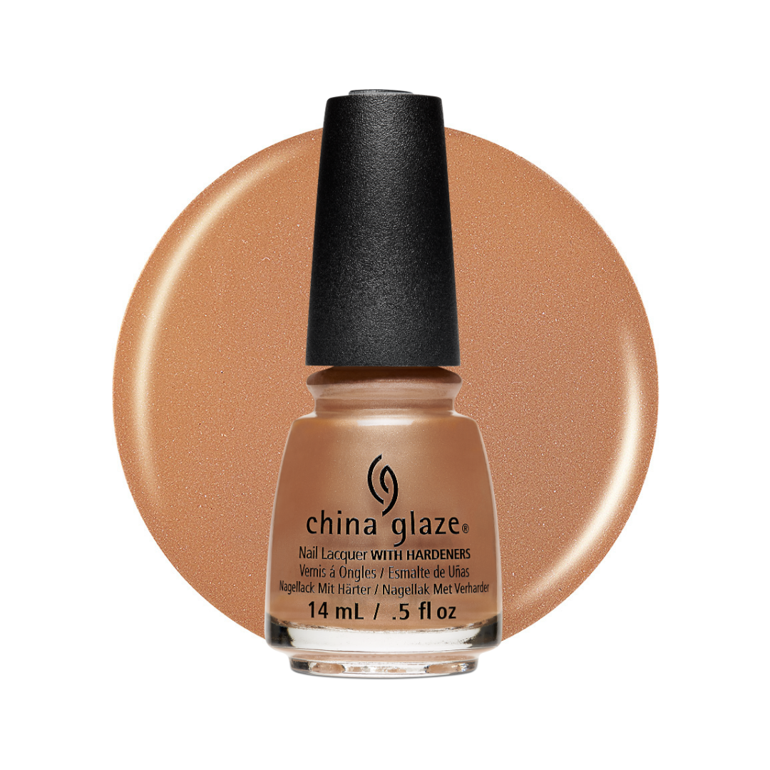 A bottle of China Glaze nail polish in a warm nude beige shade with a black cap, set against a large circular swatch of the same polish color on a white background.