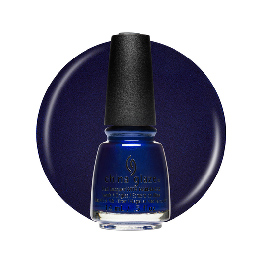 A bottle of China Glaze nail polish in a deep navy blue shade, set against a matching circular color swatch on a white background.