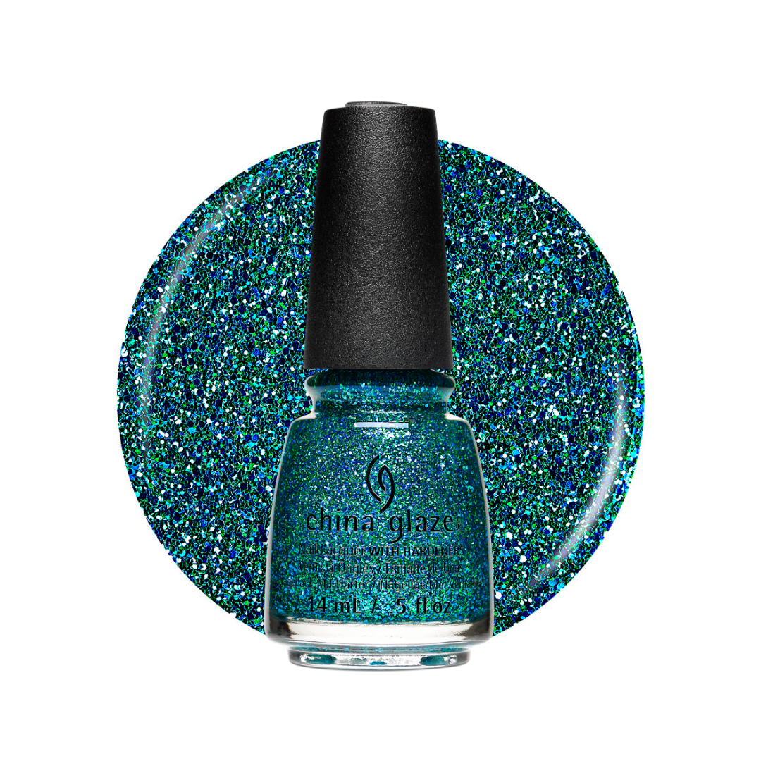 A bottle of China Glaze glitter nail polish in a shimmering teal-blue shade, centered in front of a large circular swatch of the same glitter color on a white background.