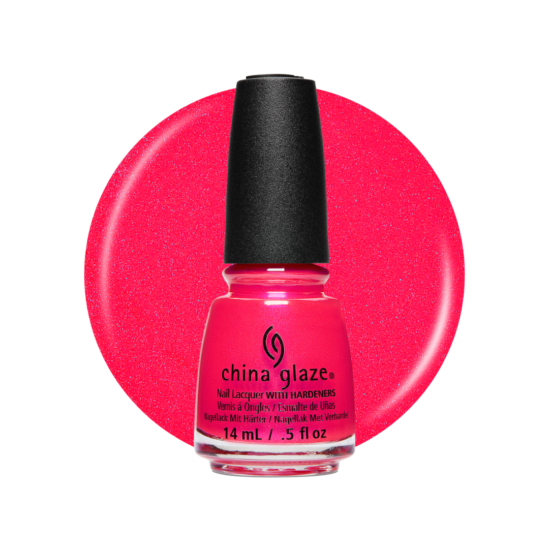 A bottle of China Glaze nail polish in a bright pink shade, shown in front of a matching circular color swatch on a white background.