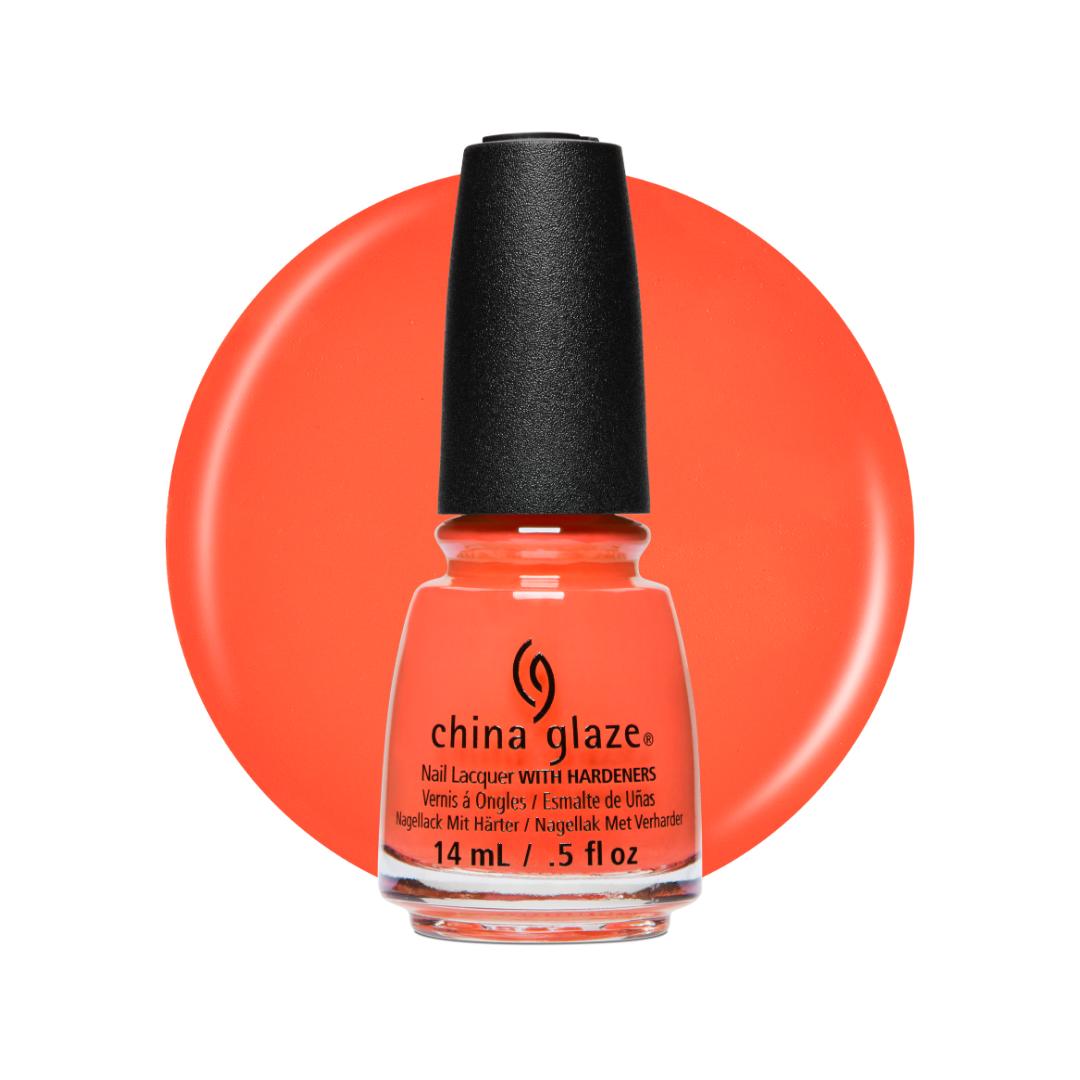 A bottle of China Glaze nail polish with hardeners in a bright orange shade, shown against a white background with a large matching orange color circle behind it.
