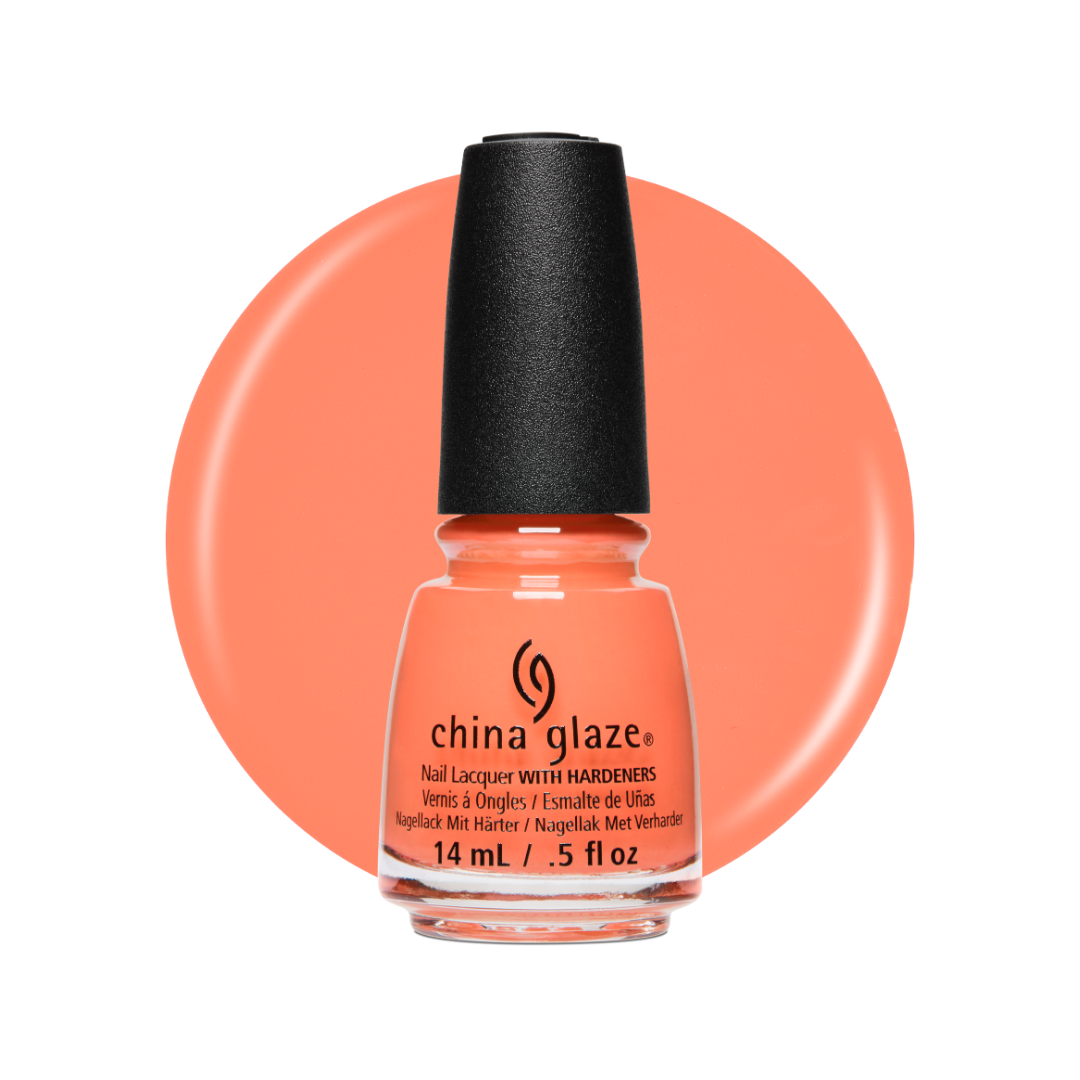 A bottle of China Glaze nail polish in a bright coral-orange shade, shown against a matching circular color swatch on a white background.