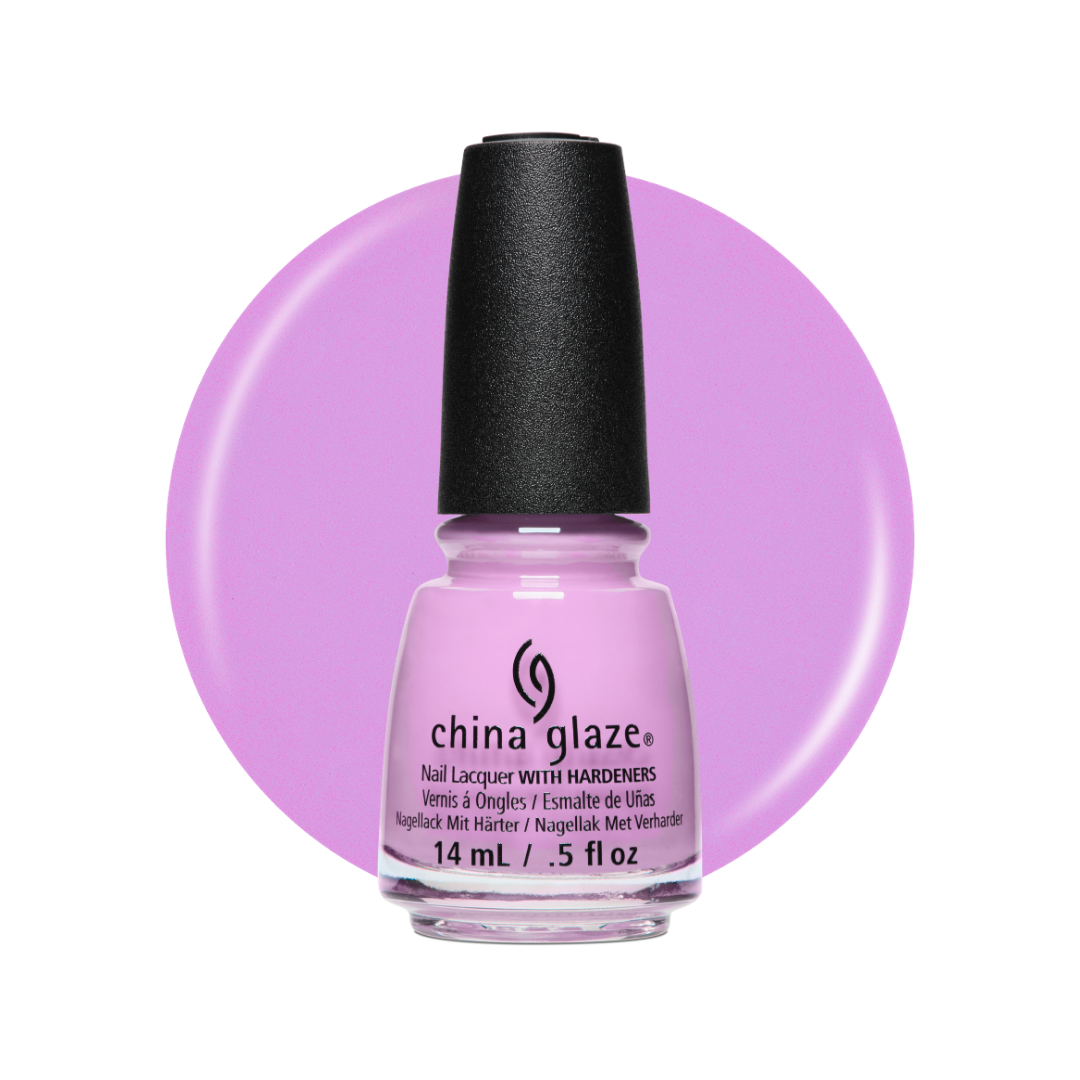 A bottle of China Glaze nail polish in a light lavender purple shade, set against a matching lavender circular swatch on a white background.