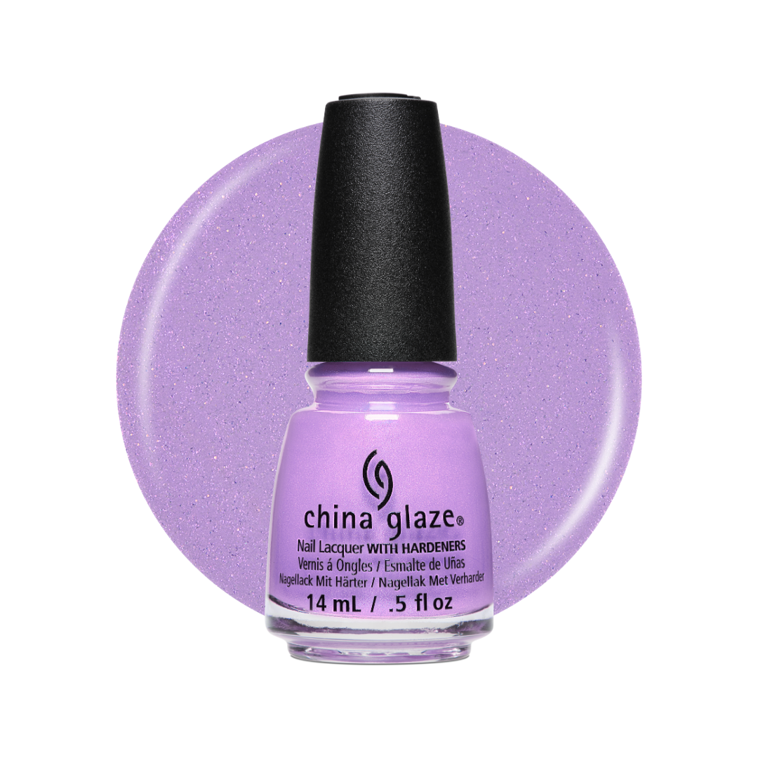 A bottle of China Glaze nail polish in a light lavender purple shade, shown in front of a matching lavender glitter color swatch on a white background.