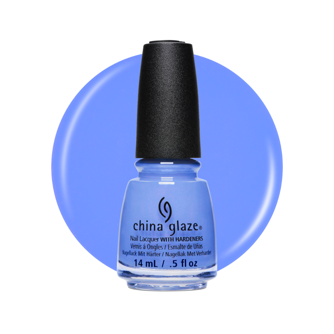 A bottle of China Glaze nail polish in a light periwinkle blue shade, shown against a white background with a large matching blue color circle behind it.