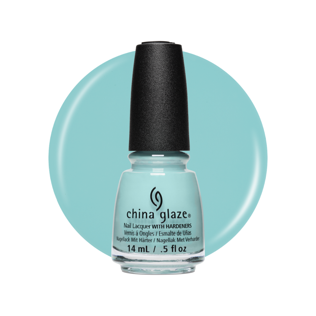 A bottle of China Glaze nail polish with a black cap, showing a light aqua blue shade, set against a matching light aqua circular background on a white studio backdrop.