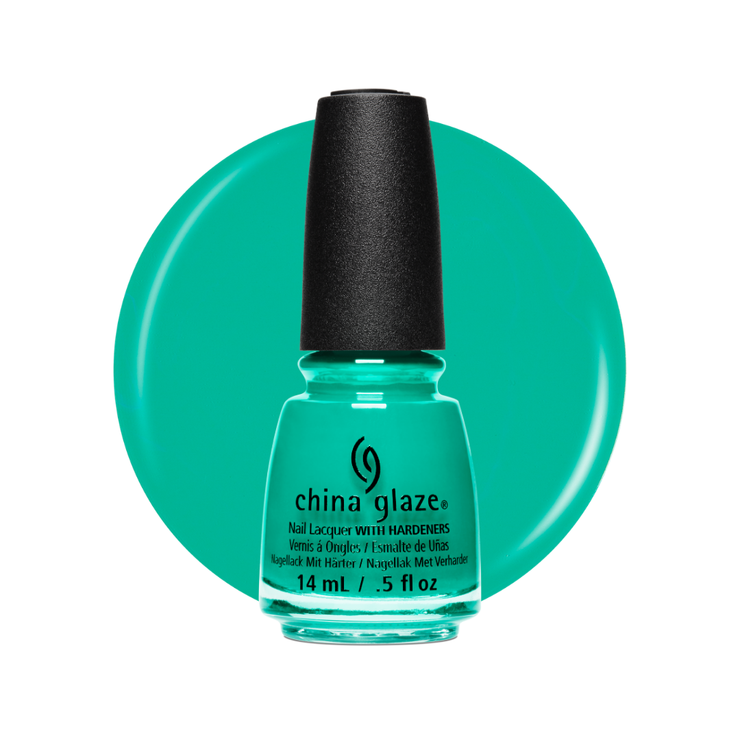 A bottle of China Glaze nail polish in a bright turquoise/teal shade, set against a matching circular color swatch on a white background.
