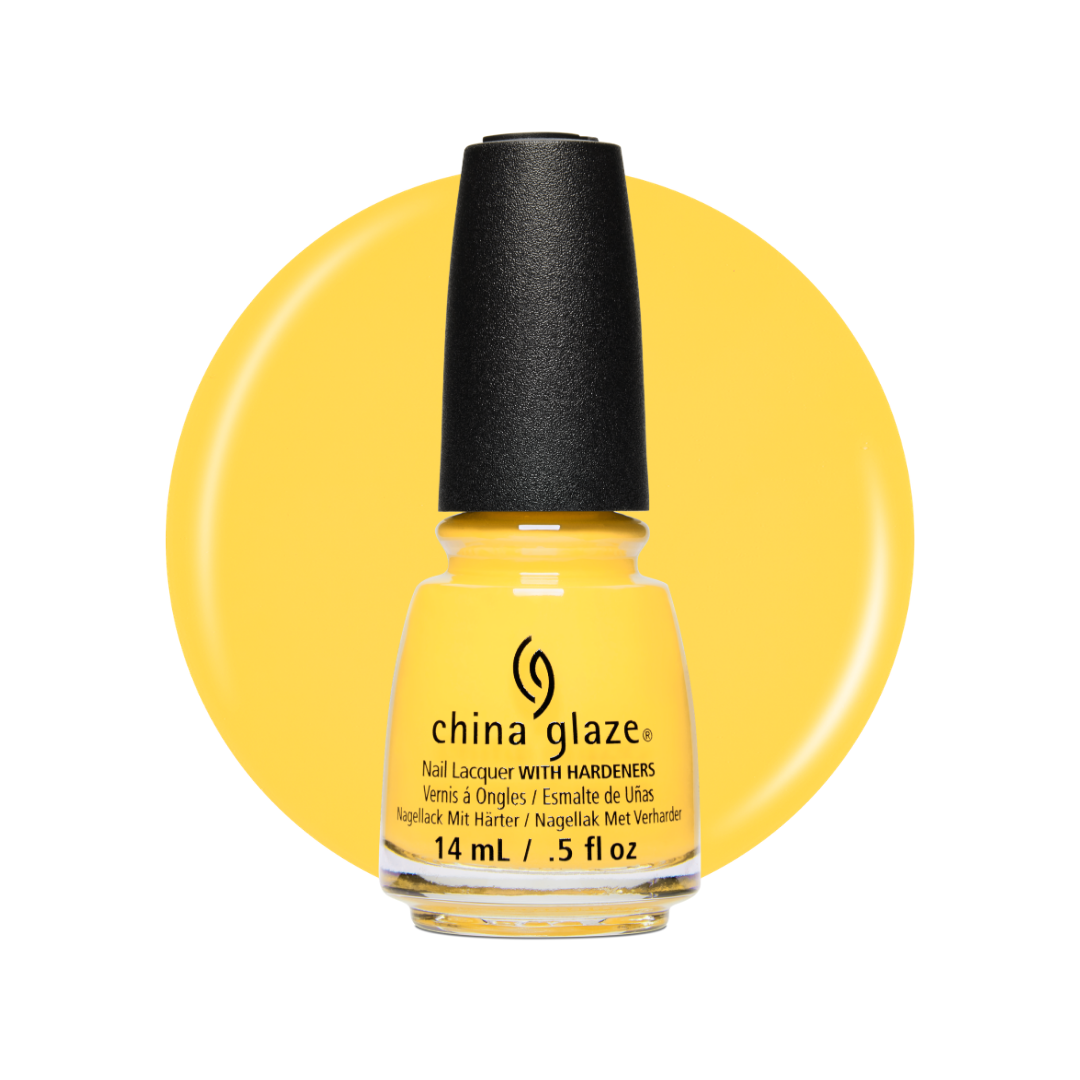 A bottle of China Glaze nail lacquer in a bright yellow shade, shown against a white background with a large matching yellow circular color swatch behind it.
