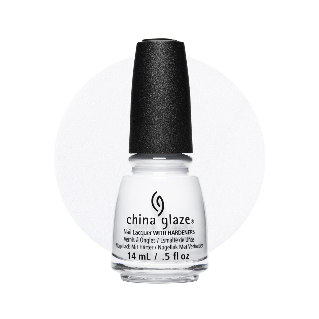 A bottle of China Glaze nail polish with hardeners in a clear glass bottle showing the white polish inside, a black cap, and a white background with a faint circular color swatch behind it.