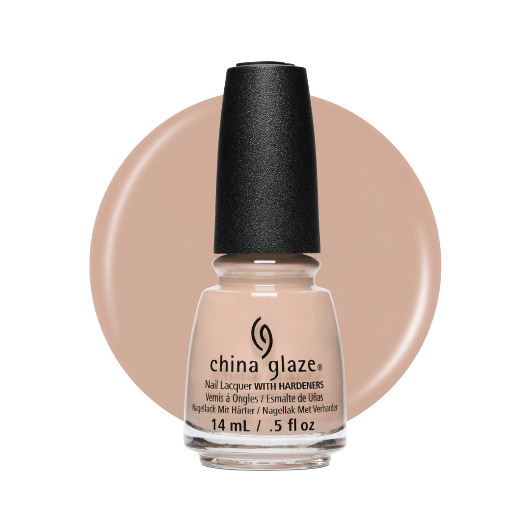 A bottle of China Glaze nail lacquer with hardeners in a warm nude beige shade, shown against a white background with a matching beige circular color swatch behind it.