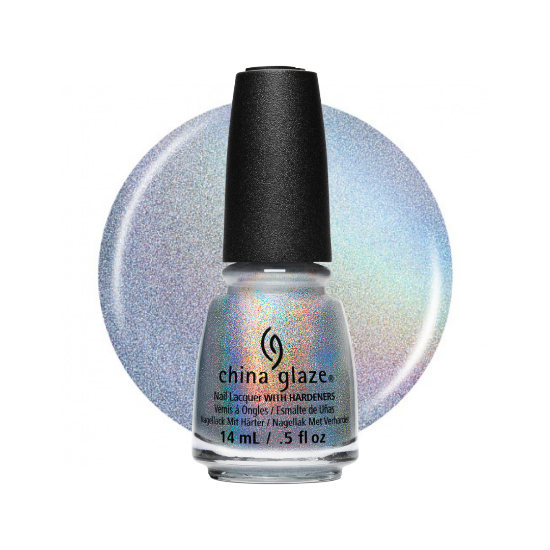 China Glaze nail polish with hardeners in a silver holographic shimmer shade, shown in a clear bottle with a black cap in front of a matching circular color swatch on a white background.