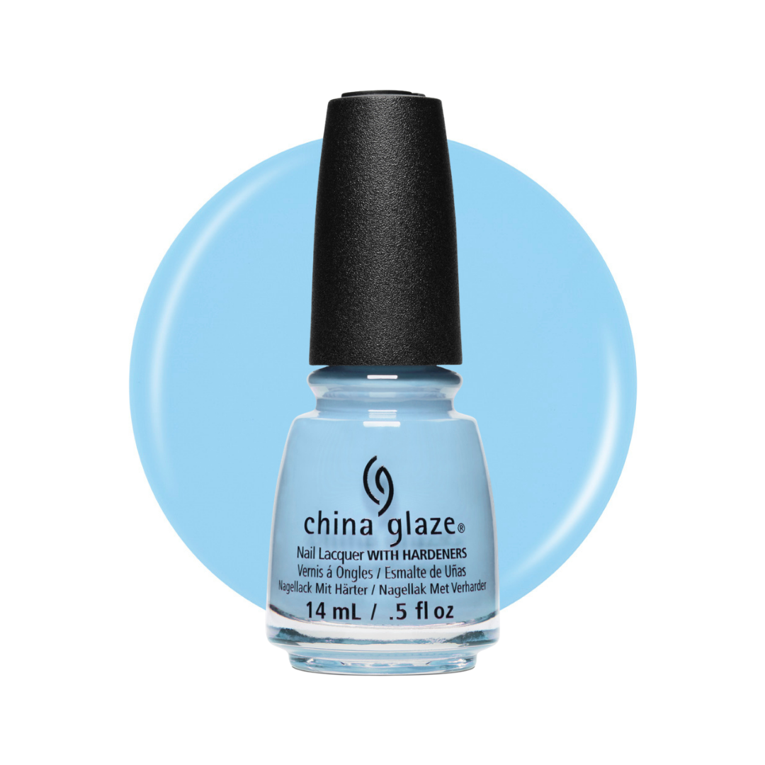 A bottle of China Glaze nail polish with hardeners in a light icy blue shade, featuring a black cap and a light blue circular color swatch behind it on a white background.