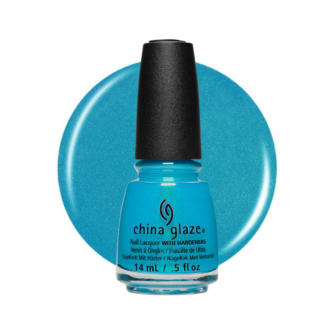 A bottle of China Glaze nail polish in a bright turquoise blue shade, shown in front of a matching circular color swatch on a white background.