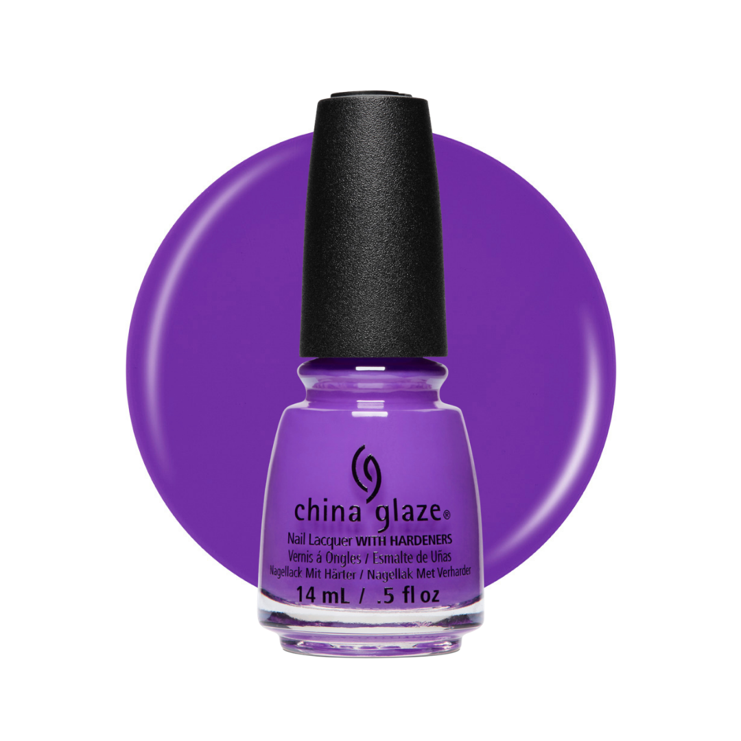 A bottle of China Glaze nail polish with hardeners in a vibrant purple shade, set against a matching purple circular swatch on a white background.