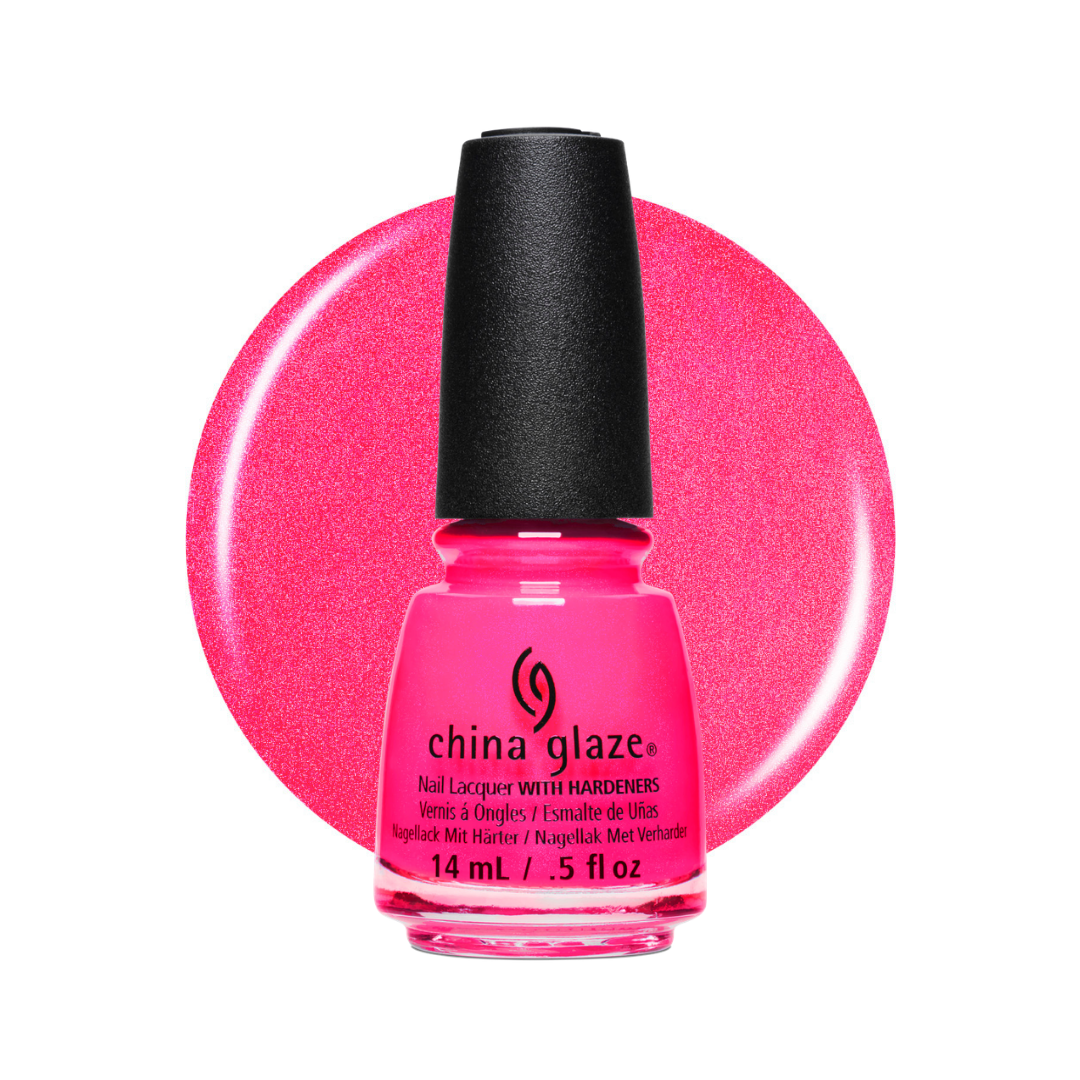 A bottle of China Glaze nail polish with hardeners in a vibrant pink shade, shown in front of a matching glittery pink color swatch on a white background.