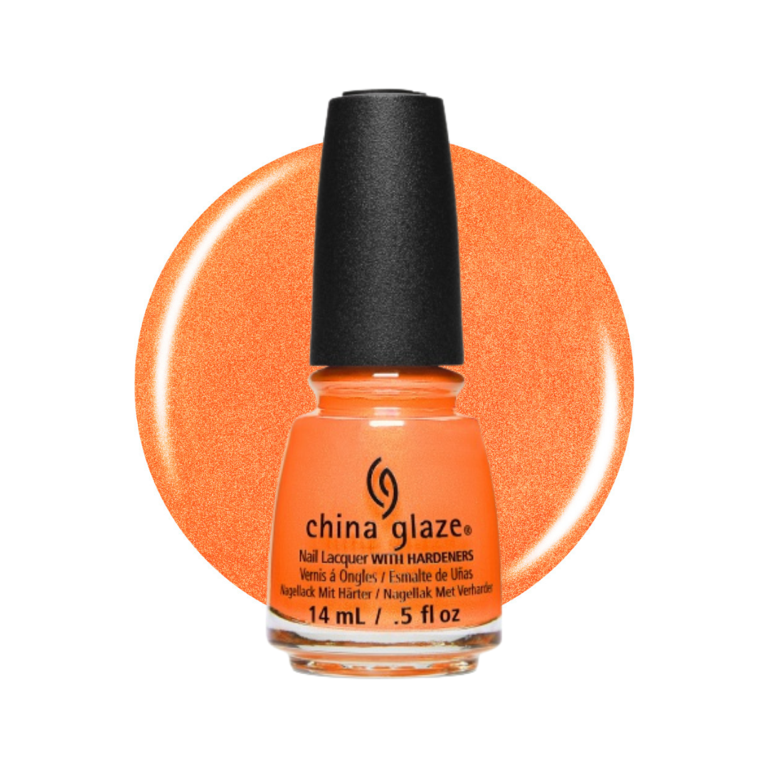A bottle of China Glaze nail lacquer with hardeners in a vibrant orange shade, featuring a black cap and a matching orange glitter swatch behind it on a white background.